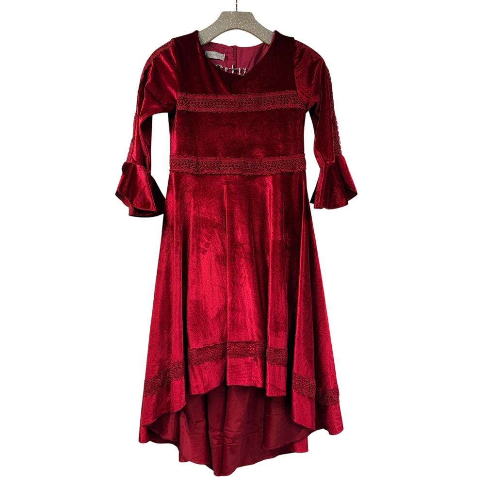Trish Scully Red Velvet Dress Hi Low Christmas Holiday Girls 14 Bell Sleeve